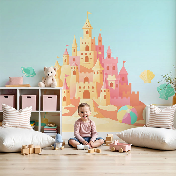 Papel de parede criança | Castelo de areia colorido com conchas e barcos
