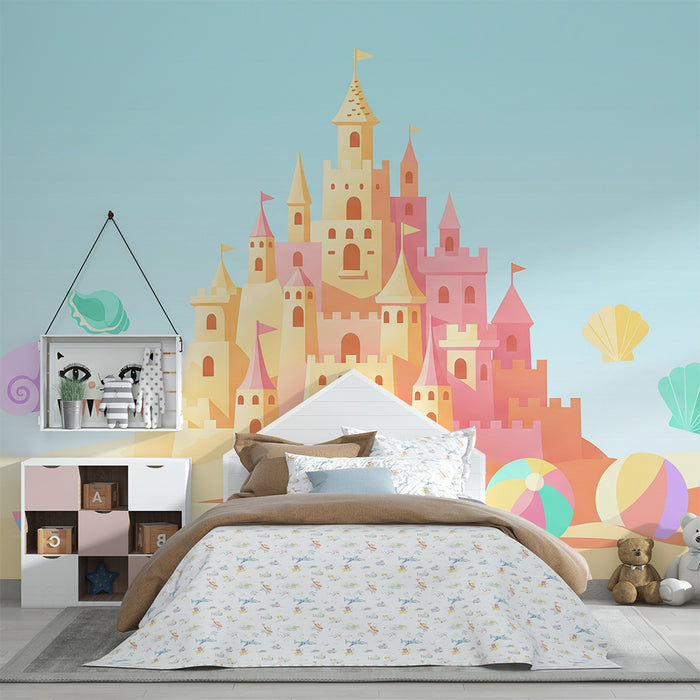 Papel de parede criança | Castelo de areia colorido com conchas e barcos