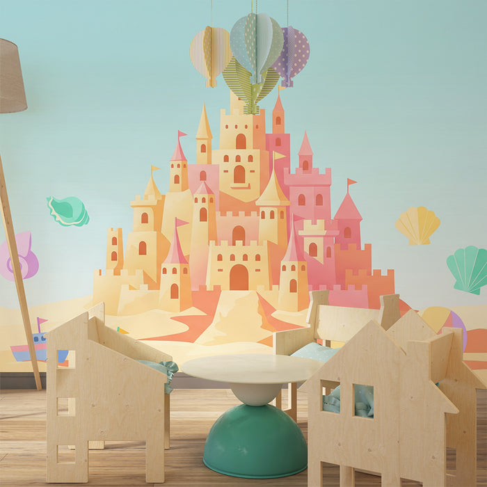 Papel de parede criança | Castelo de areia colorido com conchas e barcos