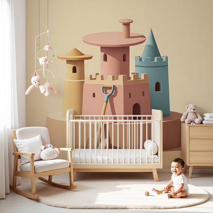 Kinderkamer behang | Kleurrijk zandkasteel met schep
