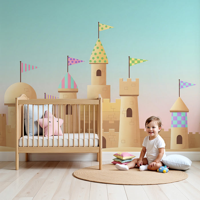 Kinderzimmer Tapete | Bunter Sandburg unter einem Pastellhimmel
