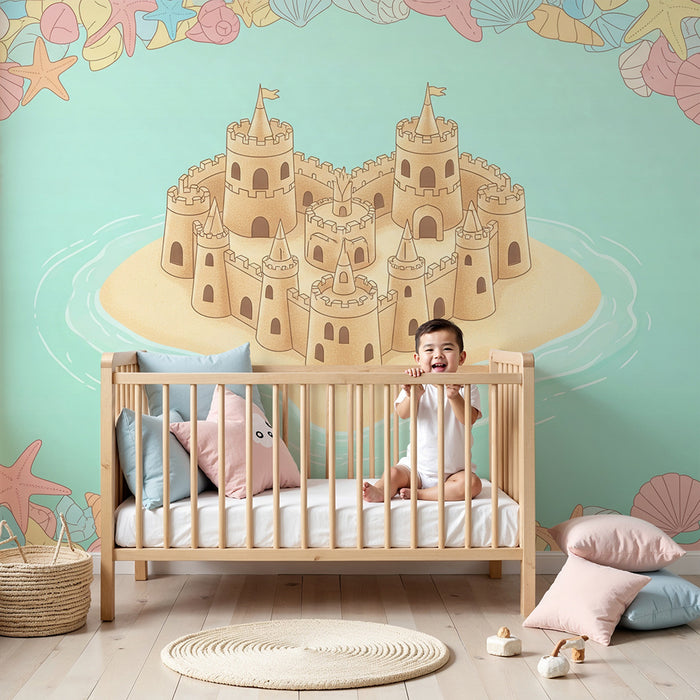 Kinderkamer behang | Zandkasteel omringd door kleurrijke schelpen