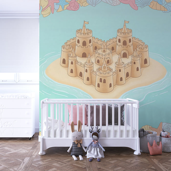 Kinderkamer behang | Zandkasteel omringd door kleurrijke schelpen
