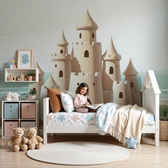 Carta da parati bambini | Castello di sabbia e conchiglie sulla spiaggia