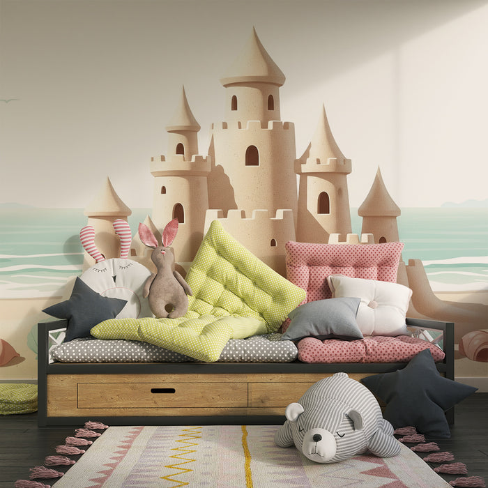 Carta da parati bambini | Castello di sabbia e conchiglie sulla spiaggia