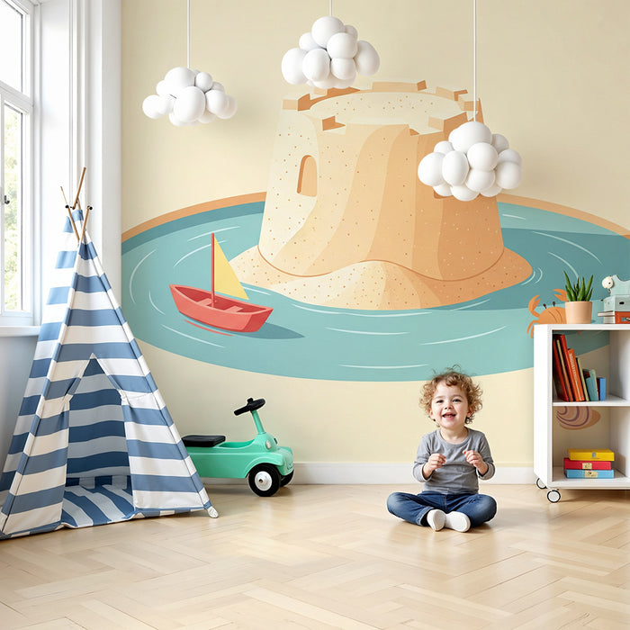 Carta da parati bambini | Castello di sabbia e mare con barca e granchi
