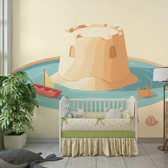 Carta da parati bambini | Castello di sabbia e mare con barca e granchi
