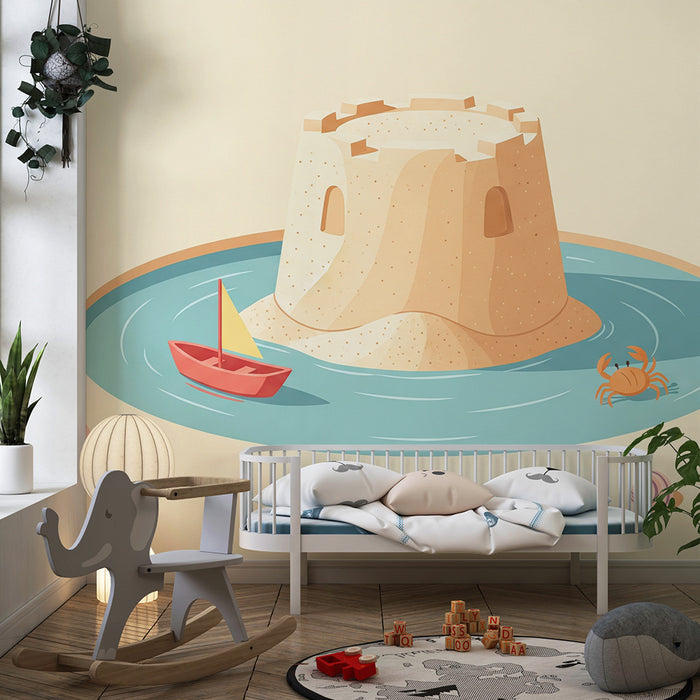 Carta da parati bambini | Castello di sabbia e mare con barca e granchi