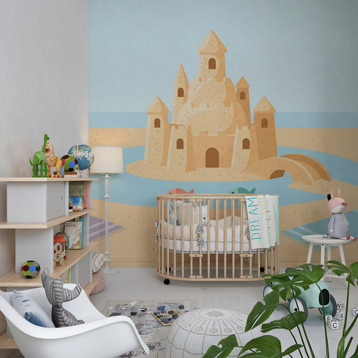 Papier peint chambre enfant | Château de sable et plage ensoleillée