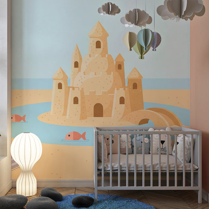 Papier peint chambre enfant | Château de sable et plage ensoleillée
