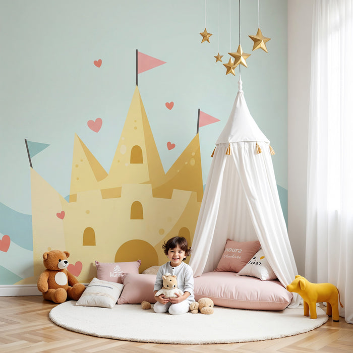 Carta da parati bambini | Castello di sabbia allegro con onde e cuori