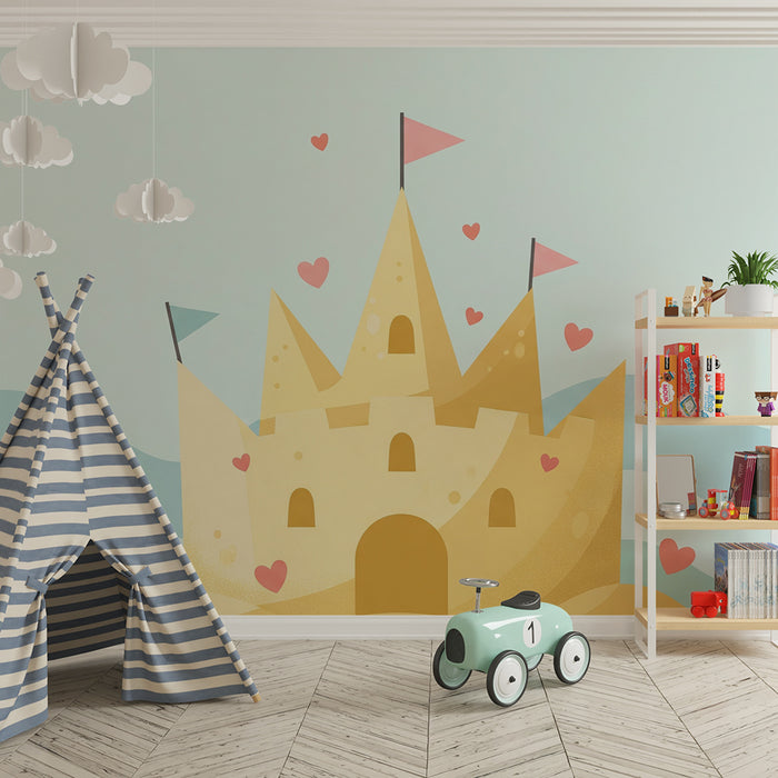 Carta da parati bambini | Castello di sabbia allegro con onde e cuori