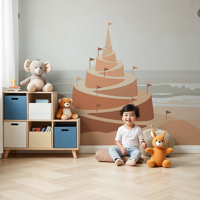 Kinderkamer behang | Gestileerd zandkasteel op het strand