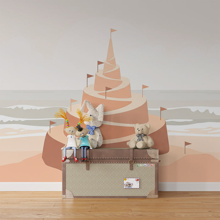 Kinderkamer behang | Gestileerd zandkasteel op het strand