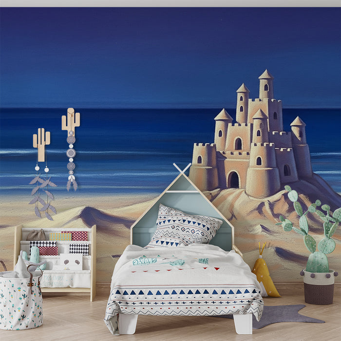 Kids room wallpaper | Sandcastle on the beach at sunset