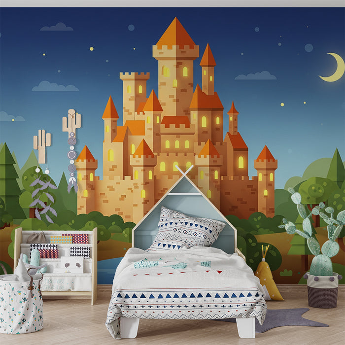 Kids room wallpaper | Castle illuminated under a beautiful night
