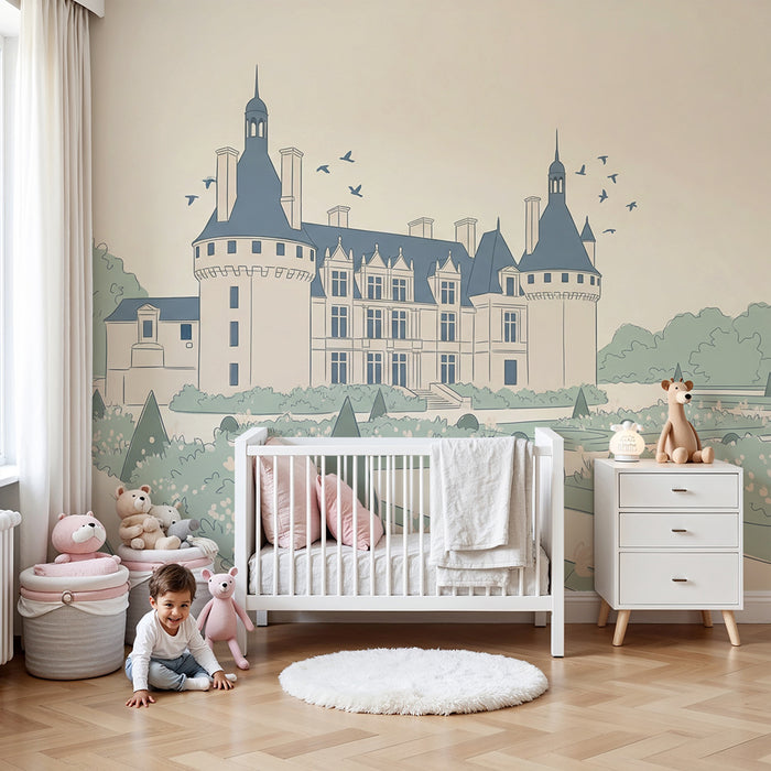 Carta da parati per cameretta bambini | Castello elegante e giardini incantevoli