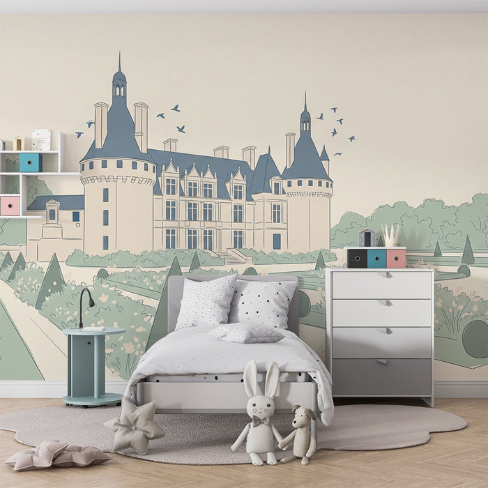 Carta da parati per cameretta bambini | Castello elegante e giardini incantevoli