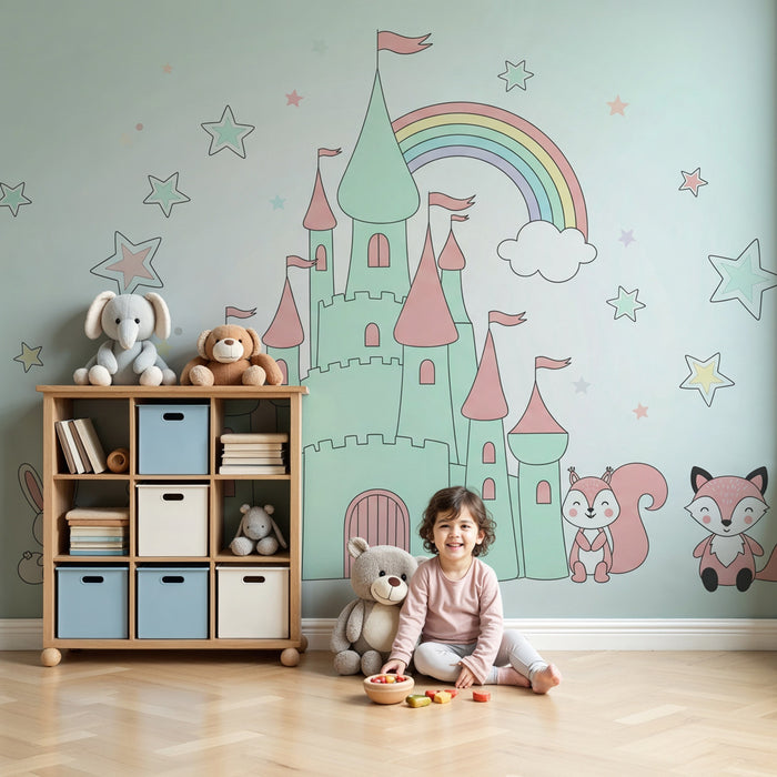 Papel pintado infantil | Castillo encantado con lindos animales