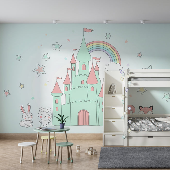 Papel pintado infantil | Castillo encantado con lindos animales