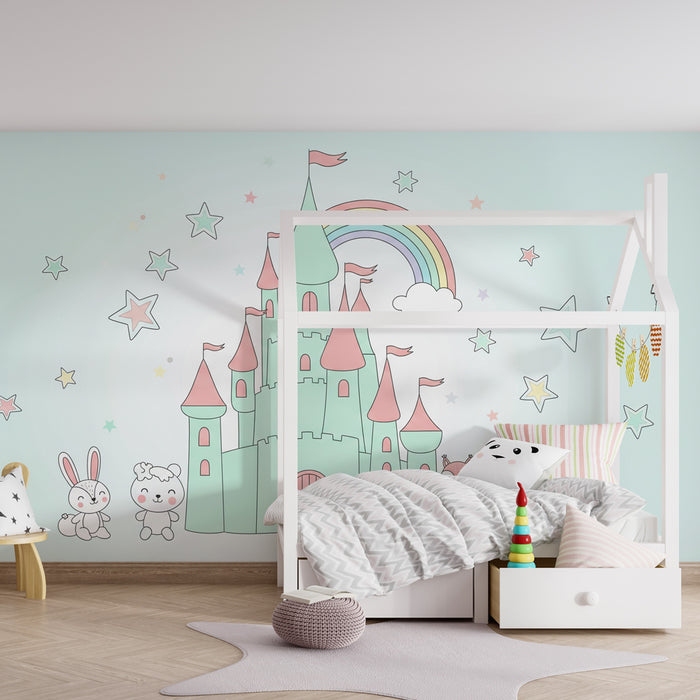 Papel pintado infantil | Castillo encantado con lindos animales