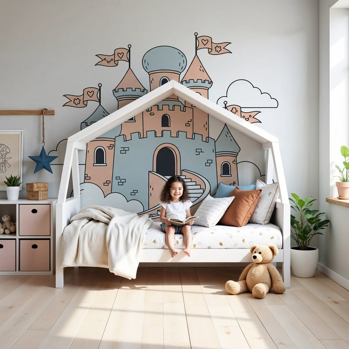 Papel de parede criança | Castelo encantado nas nuvens em fundo branco