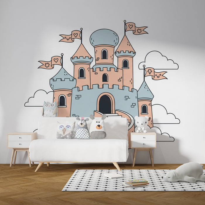 Papel de parede criança | Castelo encantado nas nuvens em fundo branco