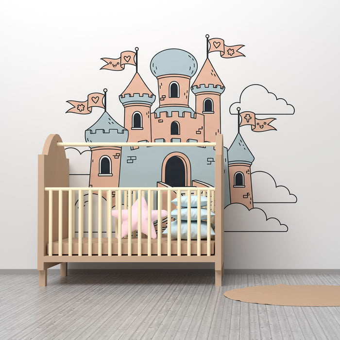 Papel de parede criança | Castelo encantado nas nuvens em fundo branco