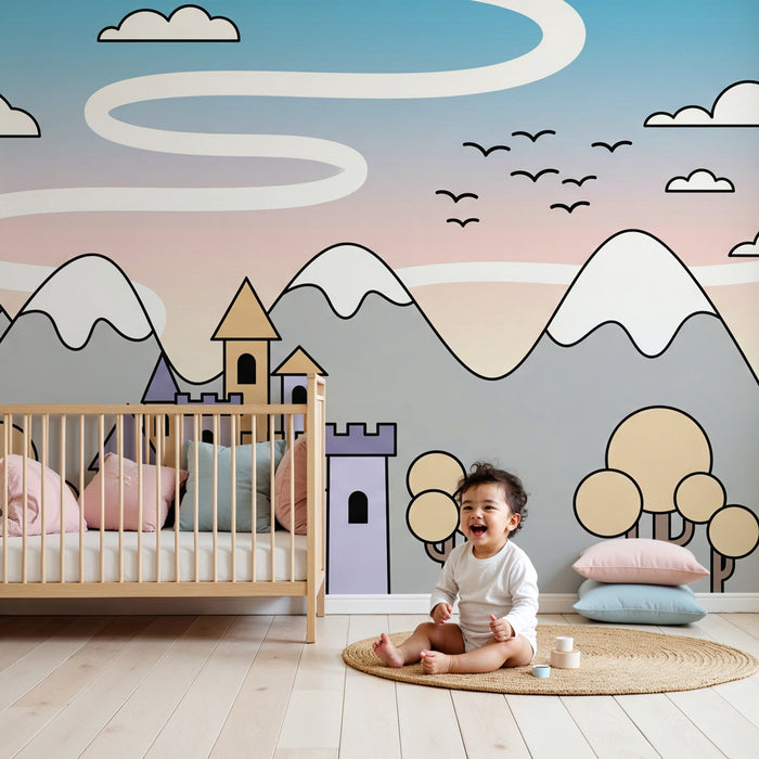 Kinderzimmer Tapete | Verzaubertes Schloss und majestätische Berge