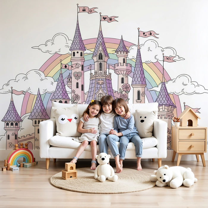 Papier peint chambre enfant | Château enchanté sous l'arc-en-ciel