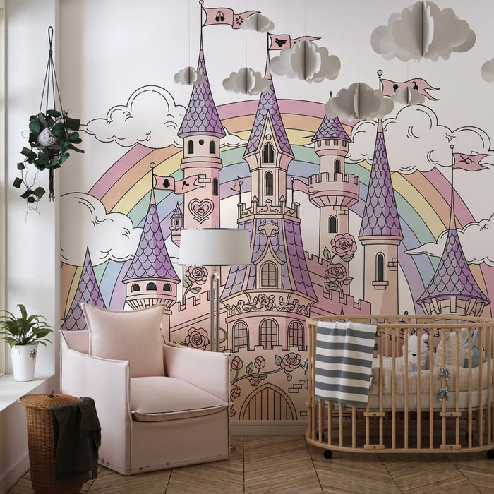 Papier peint chambre enfant | Château enchanté sous l'arc-en-ciel