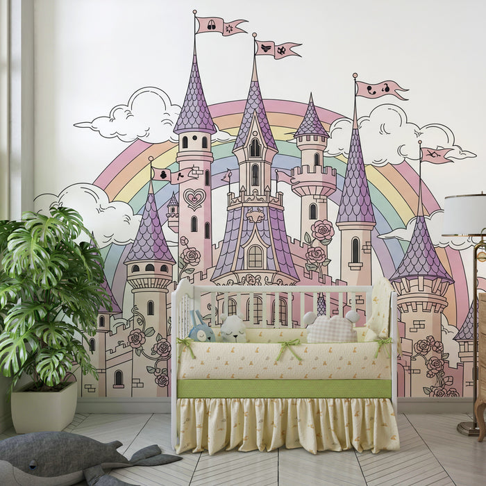 Papier peint chambre enfant | Château enchanté sous l'arc-en-ciel