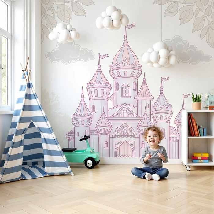 Papier peint chambre enfant | Château féérique aux couleurs douces