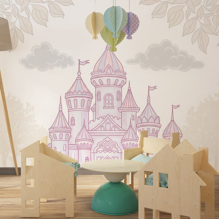 Papier peint chambre enfant | Château féérique aux couleurs douces