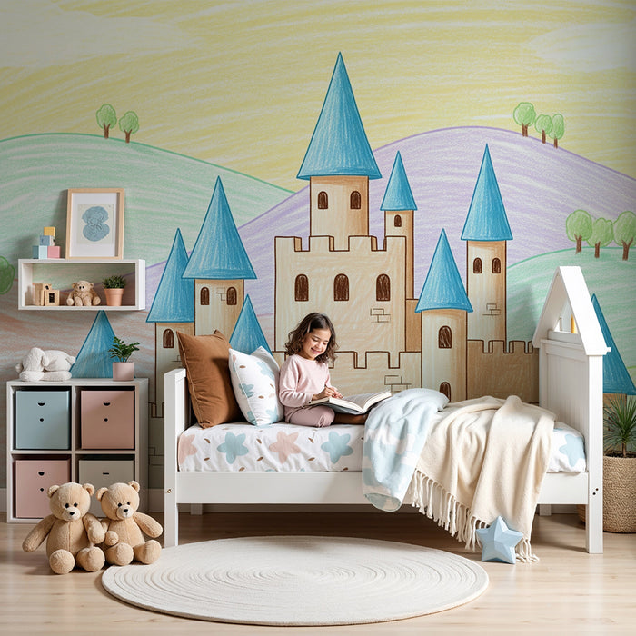 Kinderzimmer Tapete | Märchenschloss mit bunten Hügeln