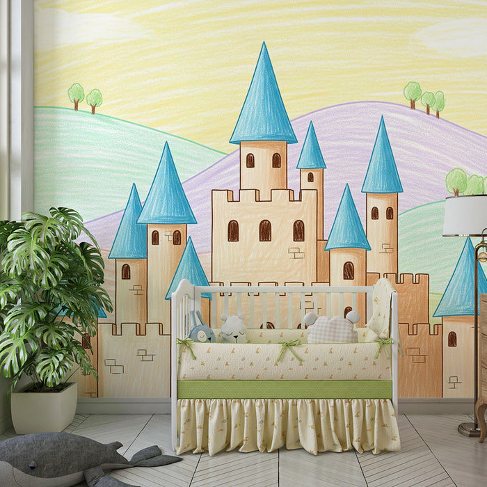 Kinderzimmer Tapete | Märchenschloss mit bunten Hügeln