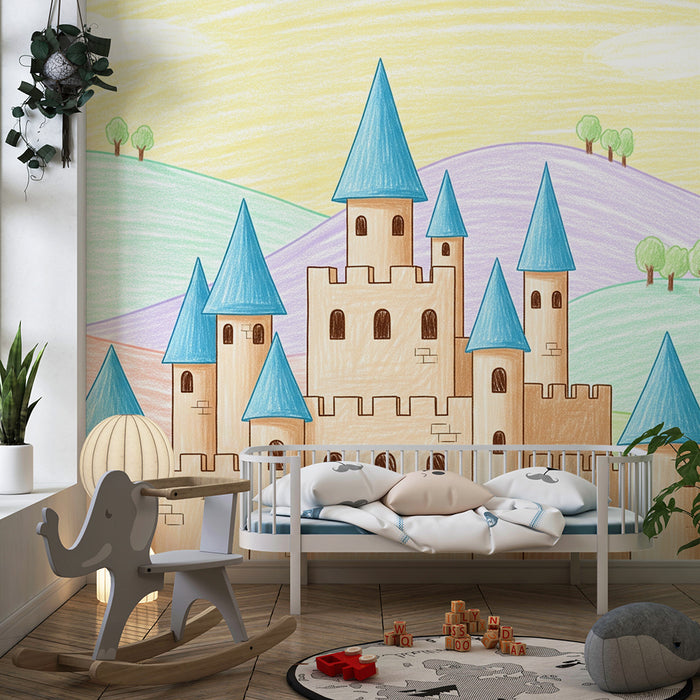 Kinderzimmer Tapete | Märchenschloss mit bunten Hügeln
