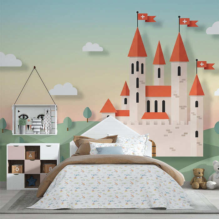 Barntapet | Förtrollande slott med kullar och stiliserade träd