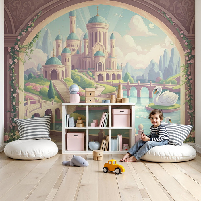 Papel de parede para quarto infantil | Castelo de conto de fadas com cisnes e jardins encantados