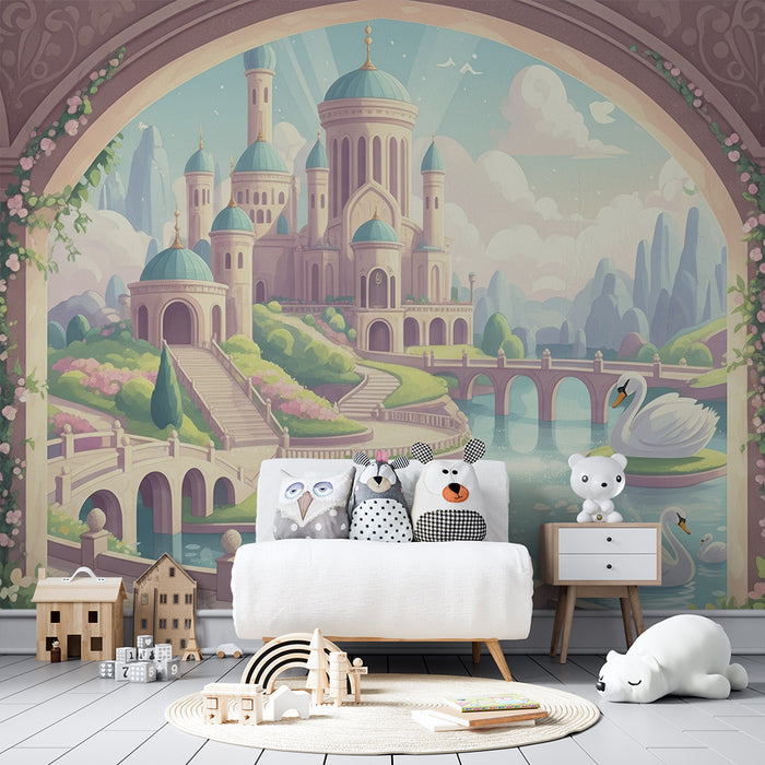 Papel de parede para quarto infantil | Castelo de conto de fadas com cisnes e jardins encantados