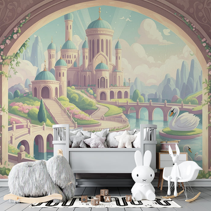 Papel de parede para quarto infantil | Castelo de conto de fadas com cisnes e jardins encantados