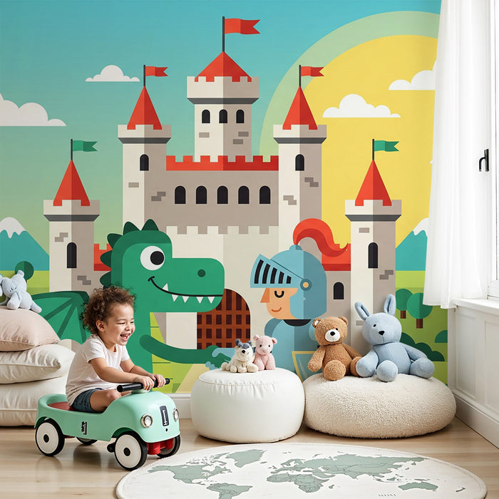 Kinderzimmer Tapete | Märchenhaftes Schloss mit Drachen und Ritter