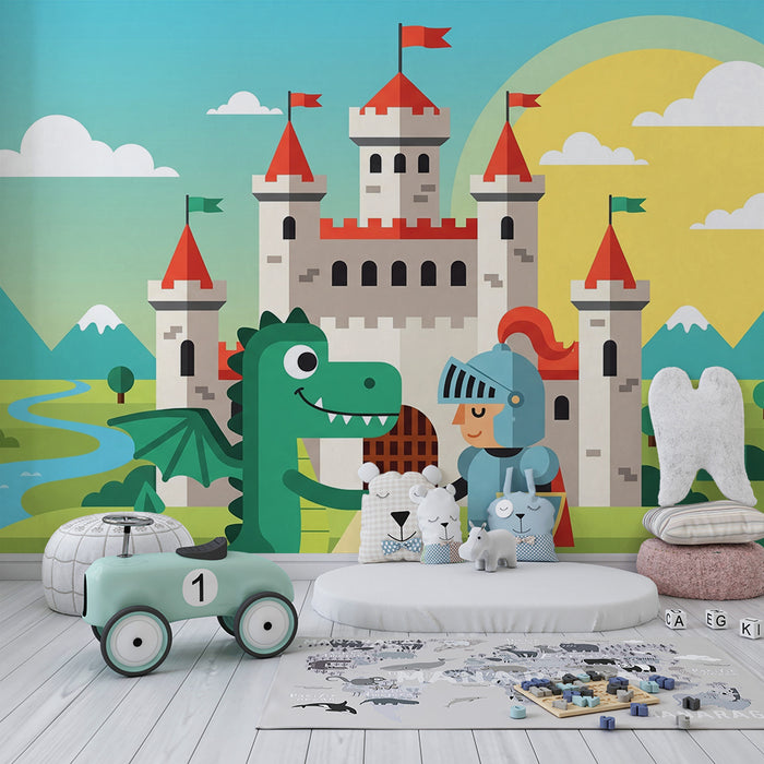 Kinderzimmer Tapete | Märchenhaftes Schloss mit Drachen und Ritter