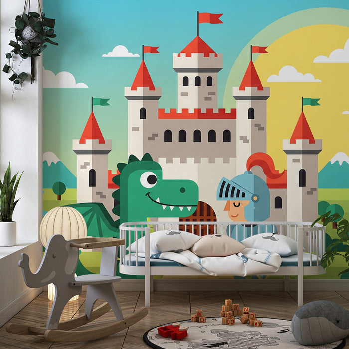 Kinderzimmer Tapete | Märchenhaftes Schloss mit Drachen und Ritter