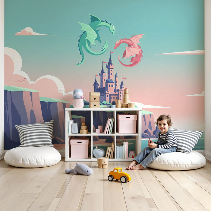 Papel de parede criança | Castelo mágico com dragões coloridos num céu pastel