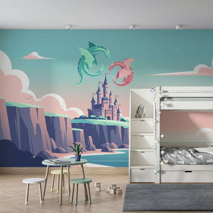 Papel de parede criança | Castelo mágico com dragões coloridos num céu pastel