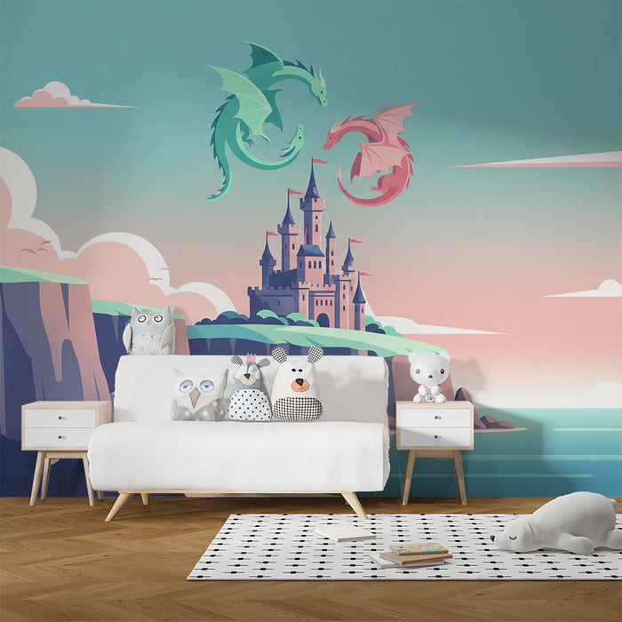 Papel de parede criança | Castelo mágico com dragões coloridos num céu pastel