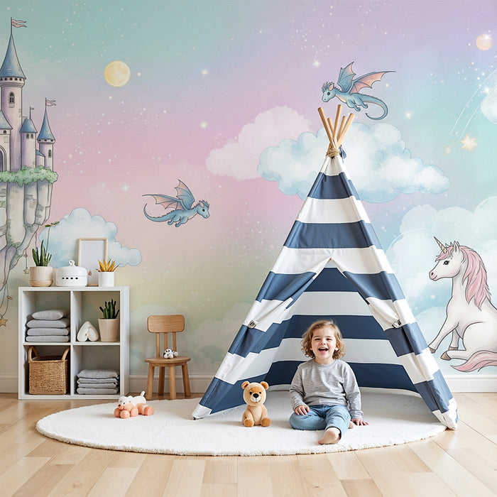 Carta da parati bambini | Castello fatato con draghi e unicorno