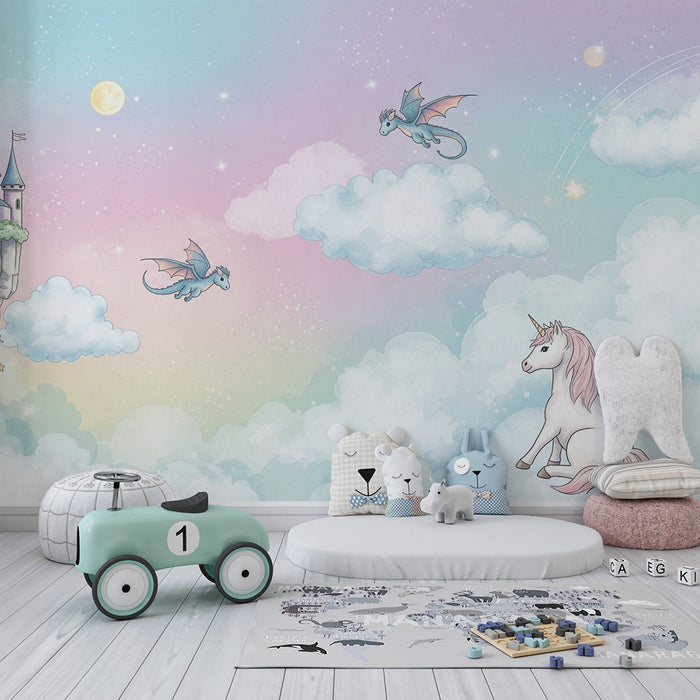 Carta da parati bambini | Castello fatato con draghi e unicorno