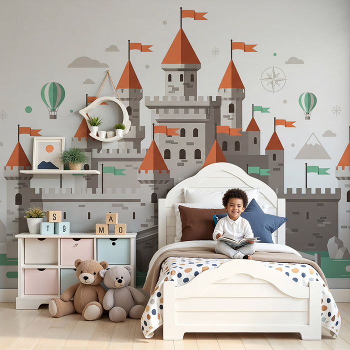 Papel de parede criança | Castelo mágico com bandeiras e balões coloridos